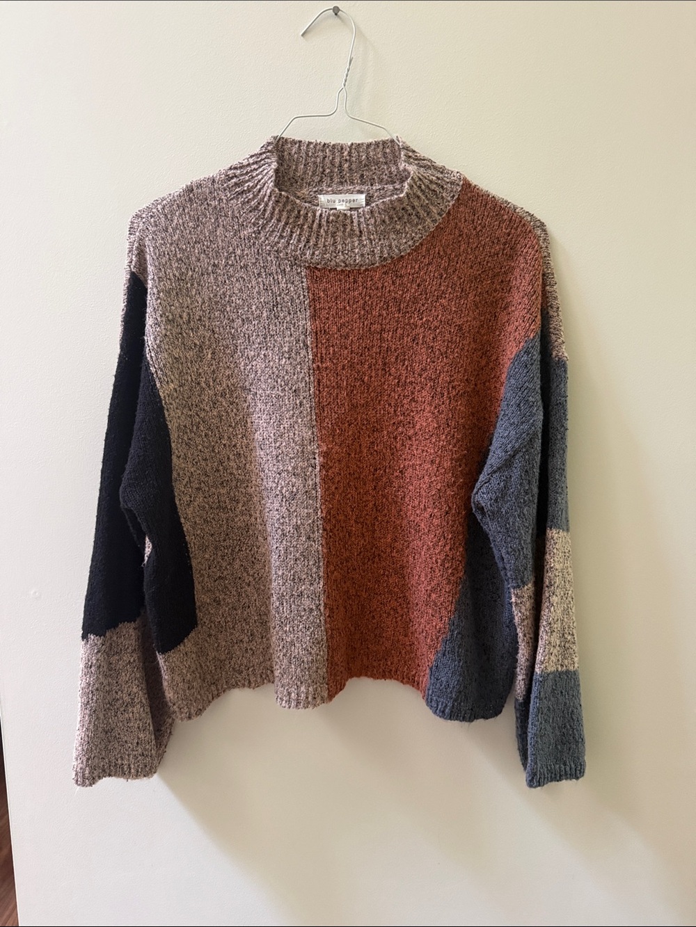 Blu Pepper Colorblock Crewneck Sweater in Rust, Navy & Taupe